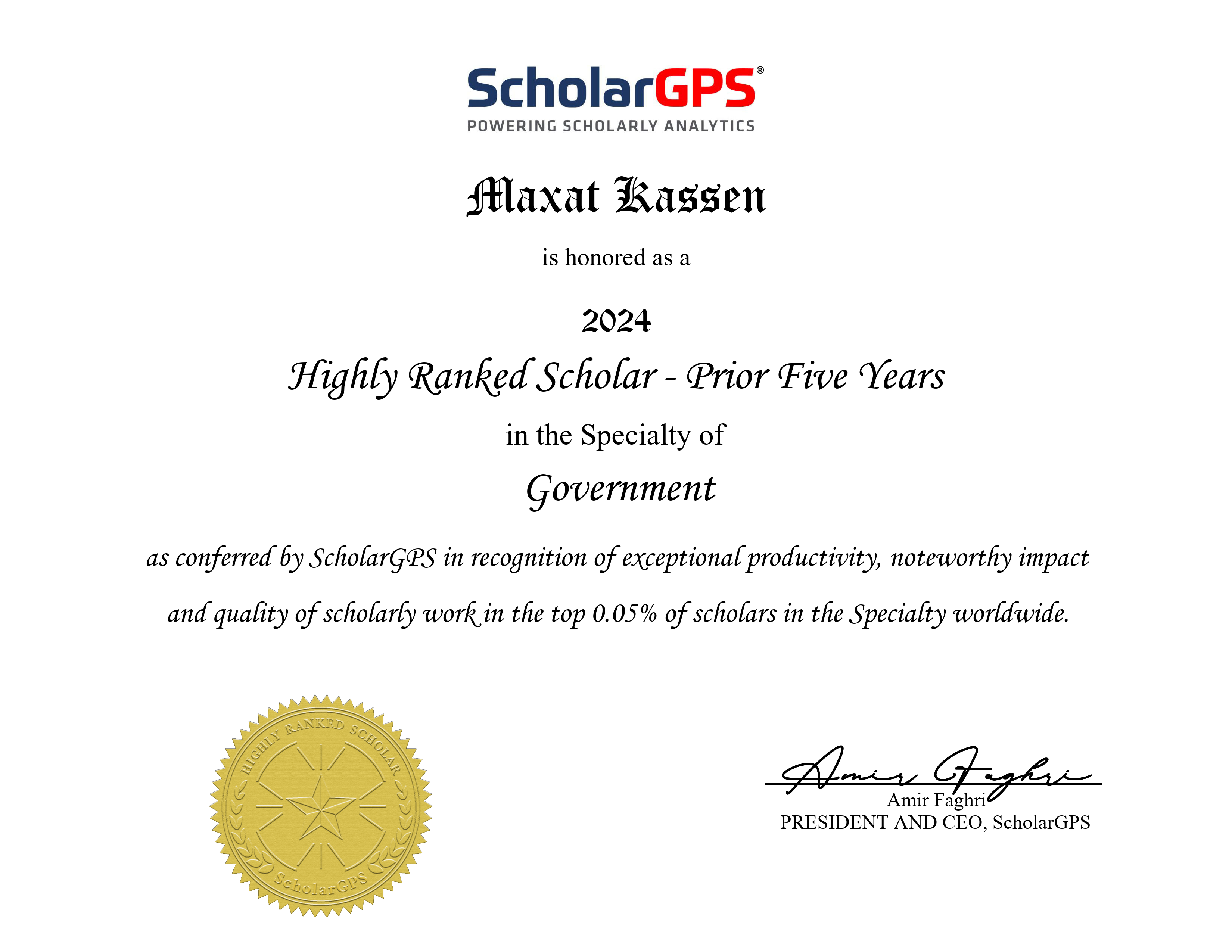 Dr. Maxat Kassen received The Highly Ranked Scholar - 2024 (ScholarGPS, United States)
